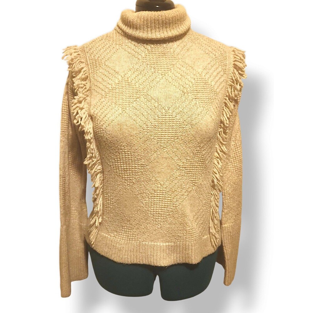 Woolrich Turtleneck Sweater Beige Fringe Boho Hippy Wool Blend Womens Small